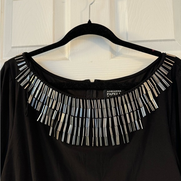 Adrianna papell black beaded 3/4 Sleeve  Evening Bodycon Dress Stretchy 16 - Picture 4 of 15